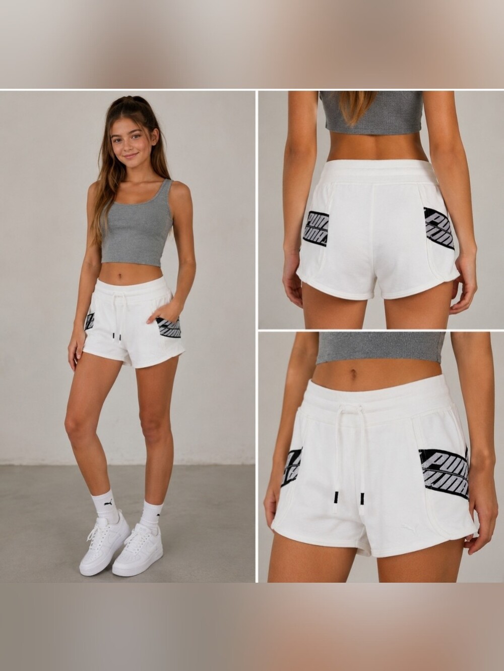Puma Women Athletic Shorts High Rise Pull On Stretch White & Black Logo, Small